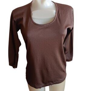 Womens Large Vintage 1970's Brown Long Sleeve Scoop Neck Top Disco Stretch